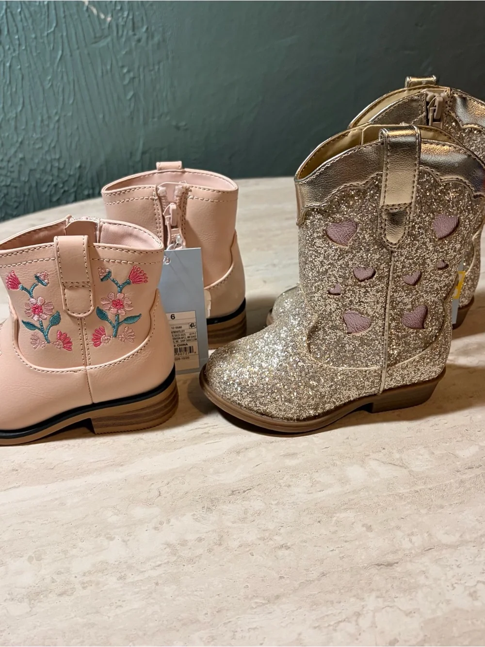 Cat & Jack Kids Pink Floral and Gold Glitter Cowgirl Boots
